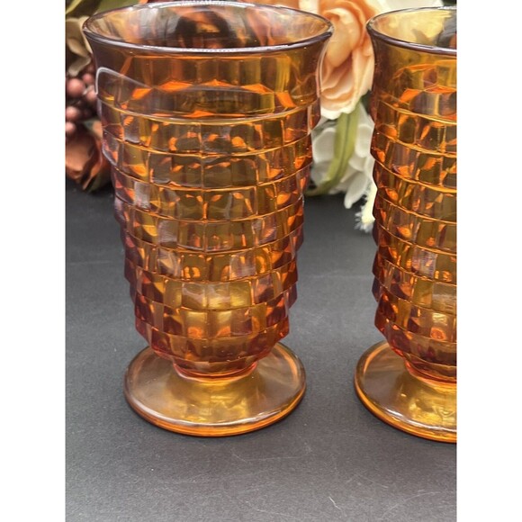 Set of 2 Vintage Whitehall Amber Cubist Footed Iced Tea Glasses 12oz - Indiana G - Picture 3 of 7
